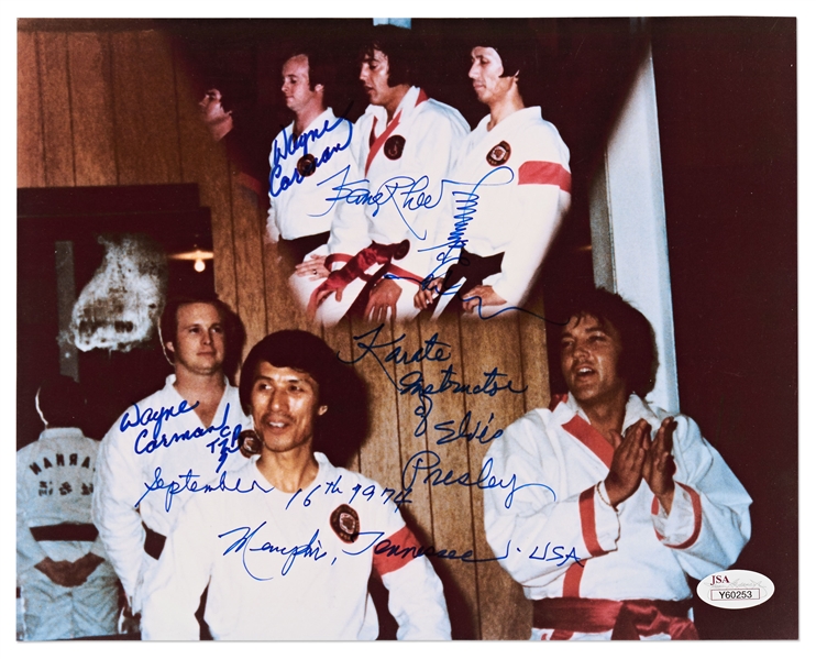 Elvis Presleys Karate Instructors Kang Rhee and Wayne Carman Signed 10 x 8 Photo of Elvis Testing for His 8th Degree Black Belt -- With JSA COA