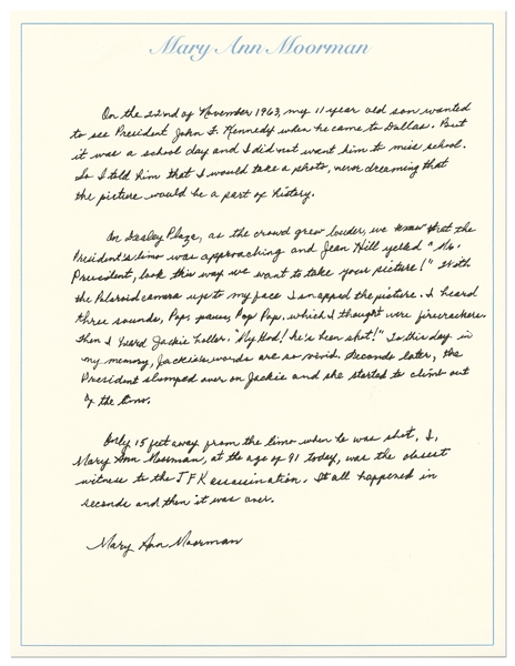 Autograph Essay Signed by Mary Ann Moorman, the Last Surviving Witness Who Captured John F. Kennedy's Assassination on Polaroid Film