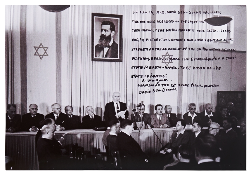 Large 20'' x 16'' Photo of the Signing of Israel's Declaration of Independence, with Handwritten Excerpt from the Grandson of David Ben-Gurion
