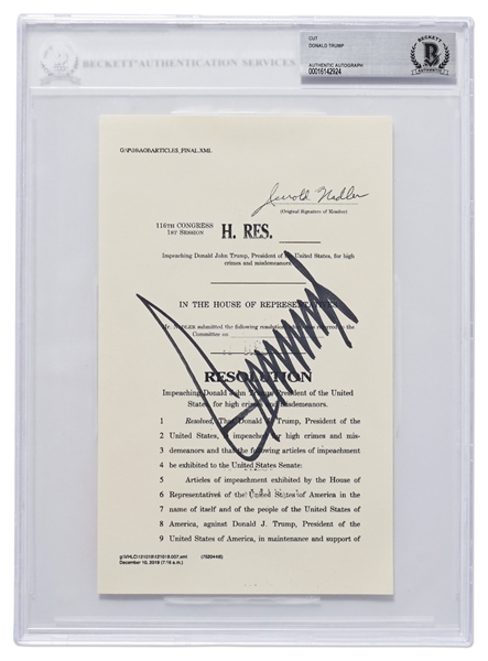 Donald Trump Signed Souvenir Articles of Impeachment -- Signed by Trump as President -- Beckett Encapsulated