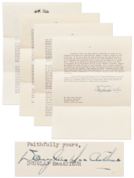 Douglas MacArthur Letter Signed as Supreme Commander in Japan, Dated 1950 -- MacArthur Writes a Detailed 4pp. Letter on Why He Forbade Margaret Sanger from Speaking to the Japanese About Birth Control