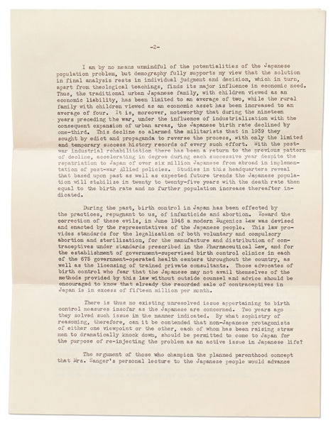 Douglas MacArthur Letter Signed as Supreme Commander in Japan, Dated 1950 -- MacArthur Writes a Detailed 4pp. Letter on Why He Forbade Margaret Sanger from Speaking to the Japanese About Birth Control