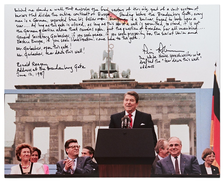 Ronald Reagan 20'' x 16'' Photo of Himself Delivering the Famous ''Tear Down This Wall!'' Speech -- With Handwritten Inscription by the Speechwriter Who Drafted the Words That Helped End the Cold War
