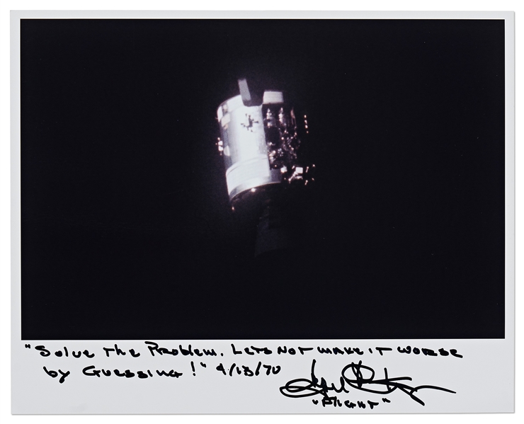 Apollo 13 Flight Director Gene Kranz Signed 10'' x 8'' Photo of the Damaged Module, With His Famous Quote -- ''Solve the Problem. Let's Not Make it Worse by Guessing!''
