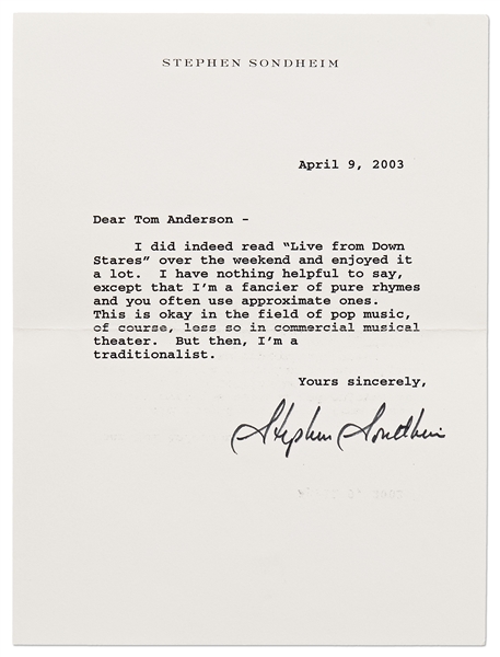 Stephen Sondheim Letter Signed -- ''…I'm a fancier of pure rhymes…''