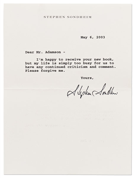 Stephen Sondheim Letter Signed -- ''…my life is simply too busy…''