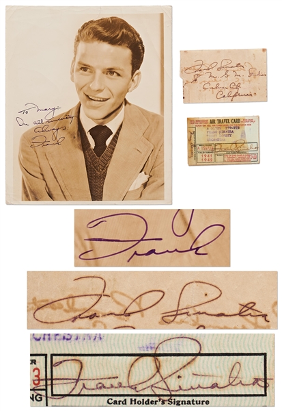 Lot of 3 Items Signed by Frank Sinatra -- Includes 8'' x 9.5'' Signed Photo, Frank's Personally Owned & Signed Air Travel Card from 1941-42 & Signed Note Written to Himself