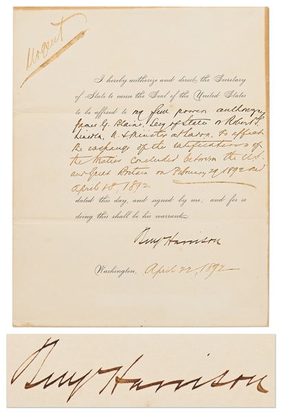 Benjamin Harrison Warrant Signed as President, Ratifying the Treaty Between the United States and United Kingdom, Temporarily Halting the Killing of Fur Seals