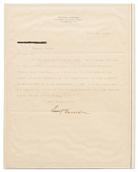 Benjamin Harrison Letter Signed Regarding His Grandfather, President William Henry Harrison