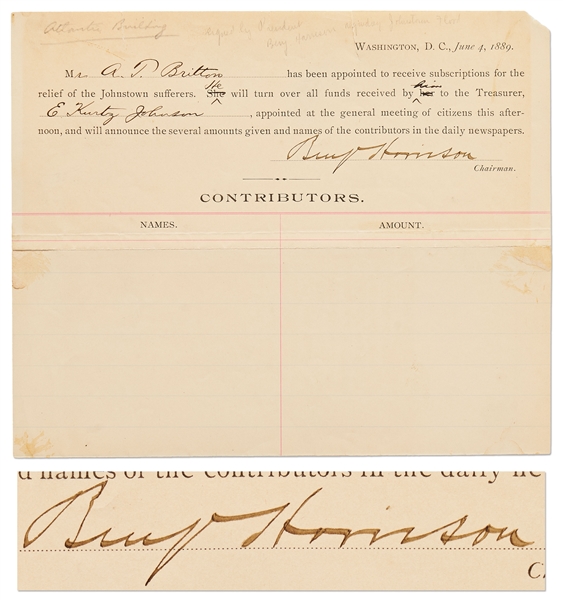 Benjamin Harrison Document Signed as President in 1889 Regarding the Johnstown Flood