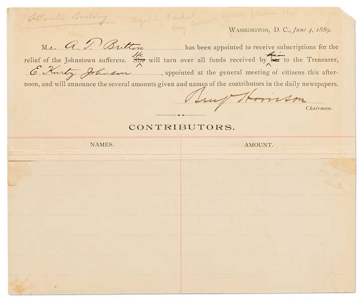 Benjamin Harrison Document Signed as President in 1889 Regarding the Johnstown Flood