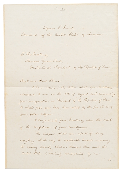 Ulysses S. Grant Letter of State Signed as President -- Grant Congratulates the President of Peru on His Inauguration