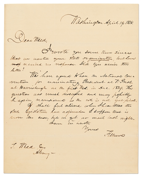 Millard Fillmore Autograph Letter Signed, Setting the Time & Place of the 1839 Whig Convention to Nominate William Henry Harrison for President