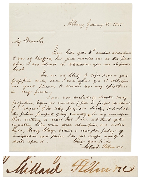 Millard Fillmore Autograph Letter Signed Regarding the Whig Defeat in the 1844 Presidential Election -- ''…dreading to look at the future prospects of my country…our noble leader, Henry Clay…''