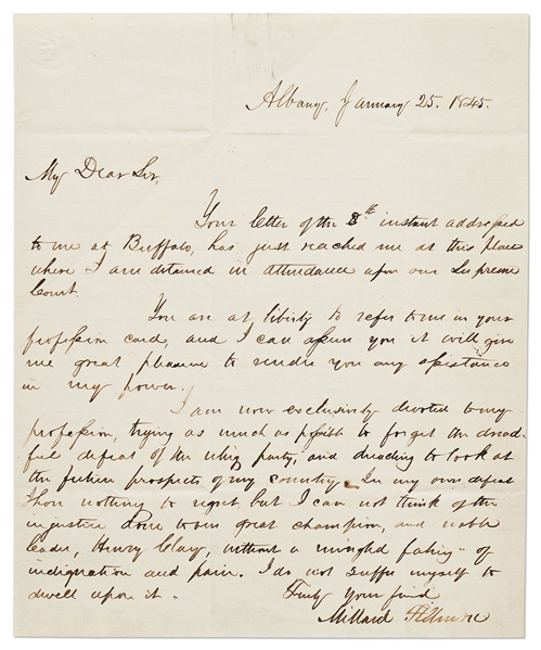 Millard Fillmore Autograph Letter Signed Regarding the Whig Defeat in the 1844 Presidential Election -- ''…dreading to look at the future prospects of my country…our noble leader, Henry Clay…''