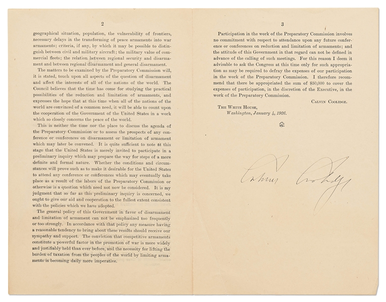 Calvin Coolidge Signed Presidential Address Regarding the Reduction of Arms After World War I -- From 1926, 15 Years Before the U.S. Was Caught Flat-Footed at Pearl Harbor