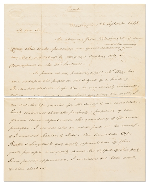 James Buchanan Autograph Letter Signed as Secretary of State in 1848 -- Buchanan Declines to Endorse a Presidential Candidate, But States ''Our glorious Union depends upon…Democratic principles''