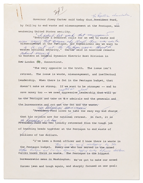Jimmy Carter Heavily Hand-Annotated Speech from His 1976 Presidential Campaign Regarding Defense Spending & the Failures of the Ford Administration