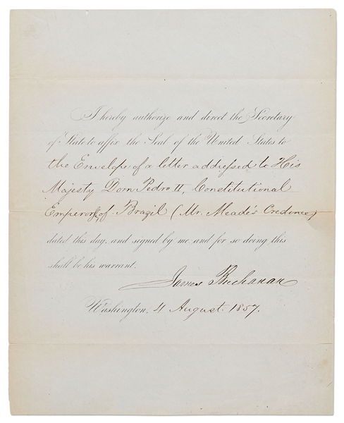 James Buchanan Document Signed as President Regarding the U.S. Minister to Brazil
