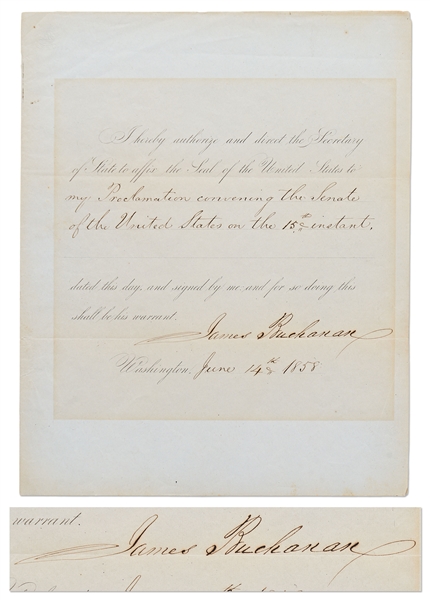 James Buchanan Warrant Signed as President, Calling the Senate Into a Special Session to Debate the ''Kansas Question''