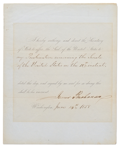 James Buchanan Warrant Signed as President, Calling the Senate Into a Special Session to Debate the ''Kansas Question''
