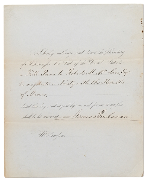 James Buchanan Document Signed as President, Authorizing Robert McLane to Negotiate the McLane-Ocampo Treaty with Mexico After the Mexican-American War