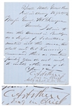Chester Arthur Letter Signed from April 1861, Just Days Into the Civil War -- Arthur Searches for a Location to Organize New York Volunteers