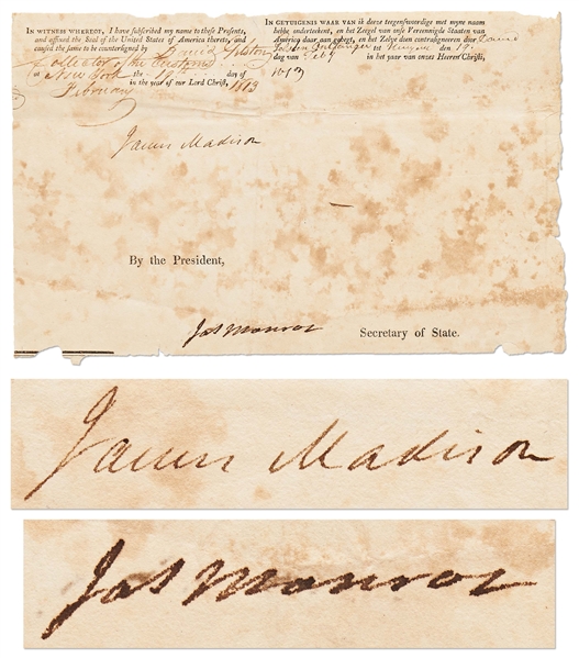 James Madison and James Monroe Signed Ship's Papers