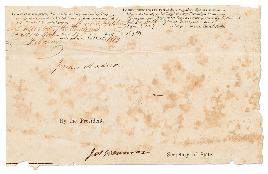 James Madison and James Monroe Signed Ship's Papers
