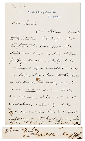 William McKinley Autograph Letter Signed -- ''...I will pass the resolution in the House this morning...''