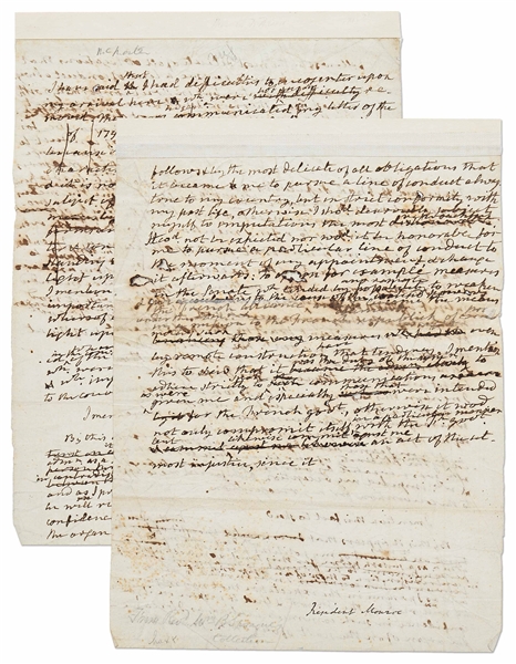 James Monroe Handwritten Manuscript Describing His Time as Minister to France -- ''…I came here and found that doubts existed...of the sincerity of our friendship for France…''