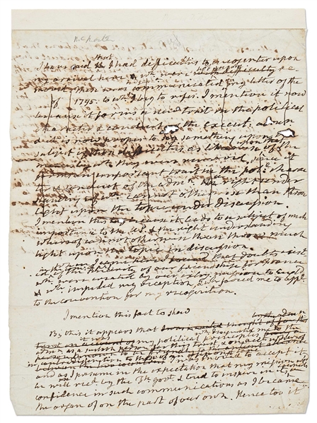 James Monroe Handwritten Manuscript Describing His Time as Minister to France -- ''…I came here and found that doubts existed...of the sincerity of our friendship for France…''
