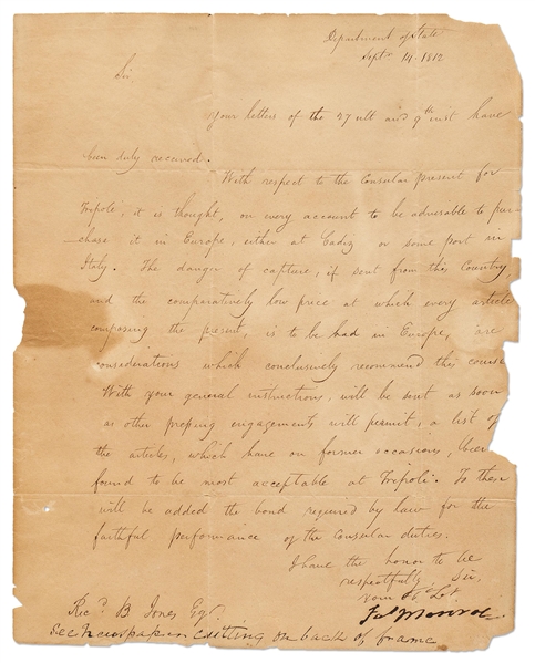 James Monroe Letter Signed During the War of 1812 -- As Secretary of State, Monroe Writes About Tripoli During Period of Strained Relations Before the Second Barbary War