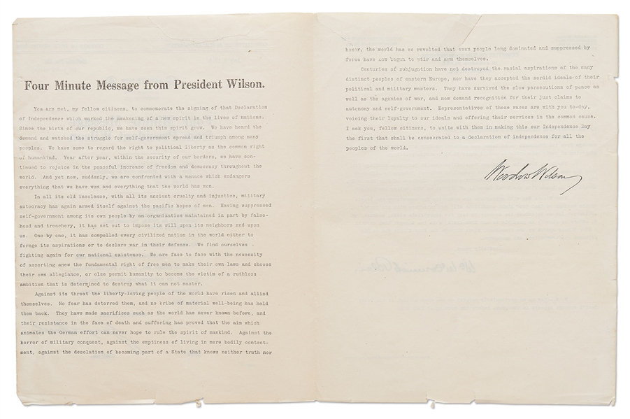 Woodrow Wilson Speech Draft, Hand-Annotated as President -- Wilson Writes Fiery Rhetoric Regarding the Evils of Germany During WWI -- ''…Against the horror of military conquest…''