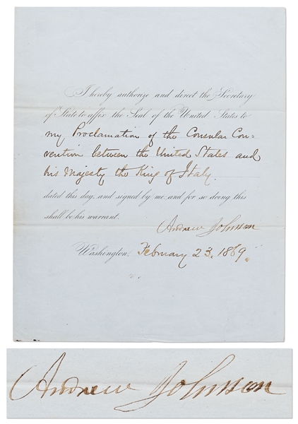 Andrew Johnson Warrant Signed as President, Regarding the Consular Convention Between the United States and Italy