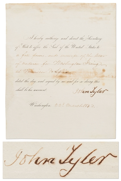 John Tyler Warrant Signed as President, Ordering the Appointment of Washington Irving as U.S. Ambassador to Spain