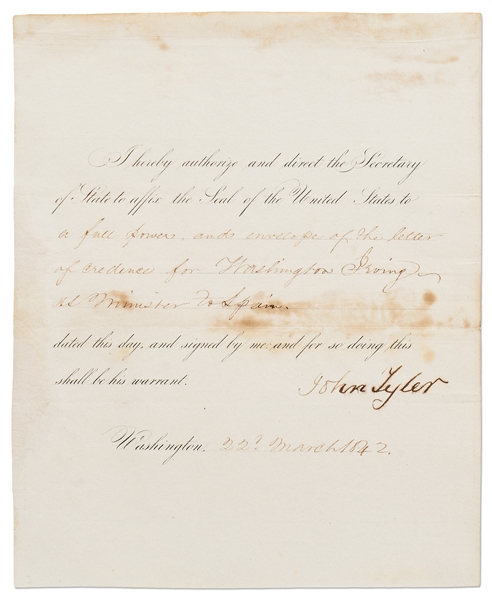 John Tyler Warrant Signed as President, Ordering the Appointment of Washington Irving as U.S. Ambassador to Spain