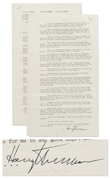 Harry Truman Signed Press Release of His Farewell Speech to the American People on 12 January 1953 -- ''…He can't pass the buck to anybody…''