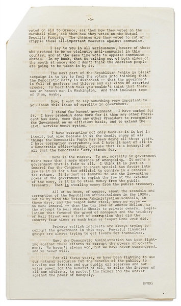 Harry Truman Signed Press Release of His Speech at the Jefferson-Jackson Dinner in March 1952 -- Likely Signed as President