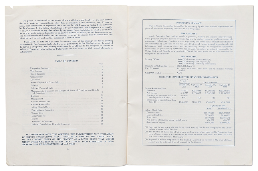 Original Prospectus for Apple Computer's Initial Public Offering (IPO) in 1980