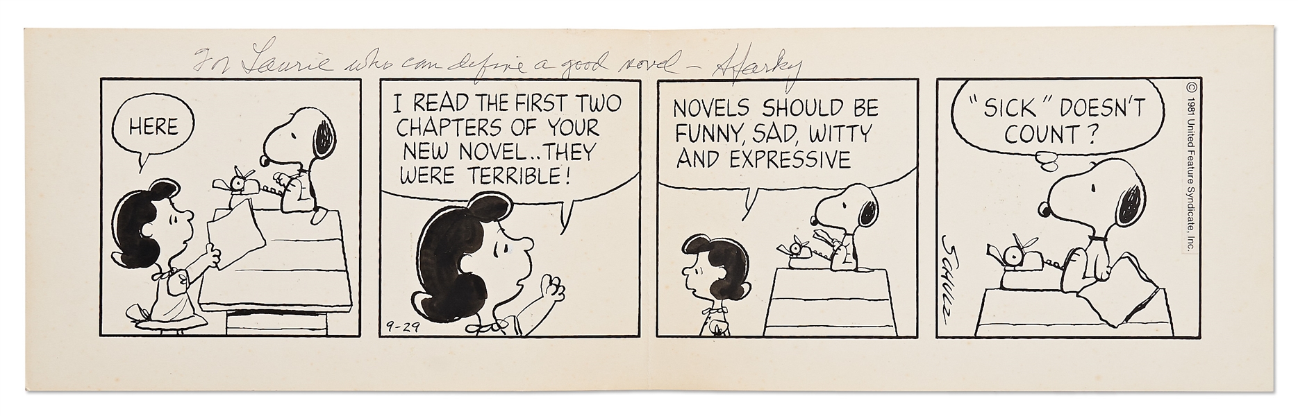 Charles Schulz Original Hand-Drawn ''Peanuts'' Comic Strip Featuring Snoopy the Novelist & Lucy the Literary Critic