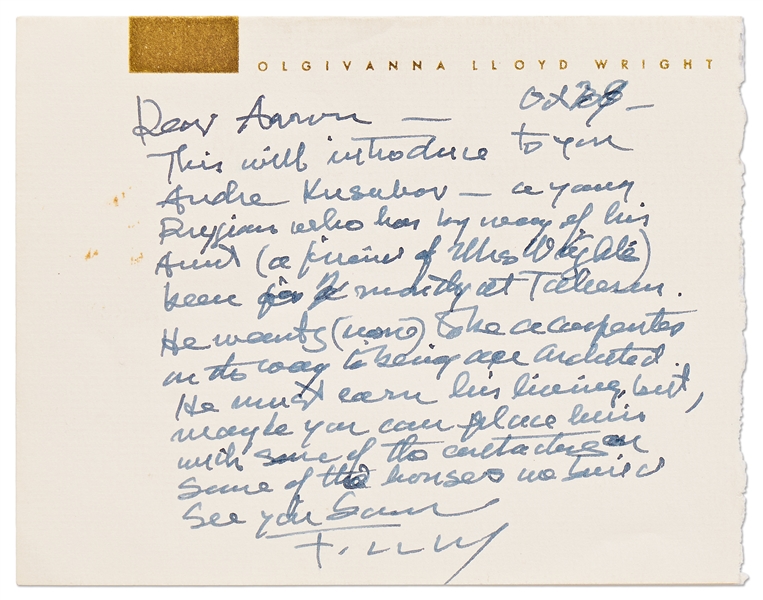 Frank Lloyd Wright Autograph Letter Signed and Initialed Envelope -- Wright Helps an Individual Who Wants to Become a Carpenter