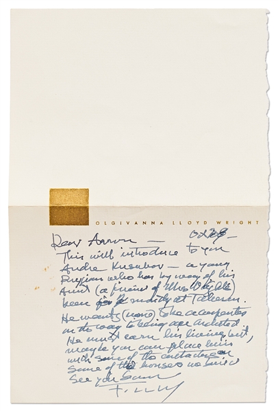 Frank Lloyd Wright Autograph Letter Signed and Initialed Envelope -- Wright Helps an Individual Who Wants to Become a Carpenter