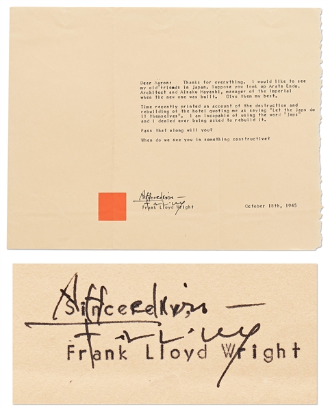 Frank Lloyd Wright Letter Signed from October 1945 Disputing a Magazine Article Quoting Him as Saying ''Let the Japs do it themselves'', Regarding Rebuilding the Imperial Hotel