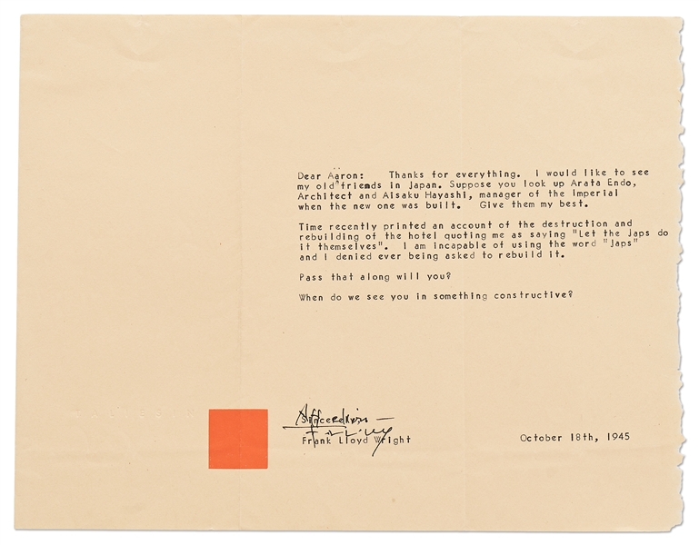 Frank Lloyd Wright Letter Signed from October 1945 Disputing a Magazine Article Quoting Him as Saying ''Let the Japs do it themselves'', Regarding Rebuilding the Imperial Hotel