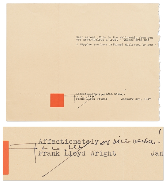 Frank Lloyd Wright Letter Signed -- ''...I suppose you have reformed Hollywood by now...''