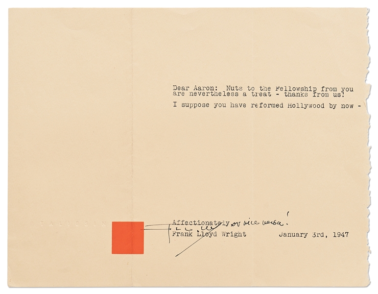 Frank Lloyd Wright Letter Signed -- ''...I suppose you have reformed Hollywood by now...''