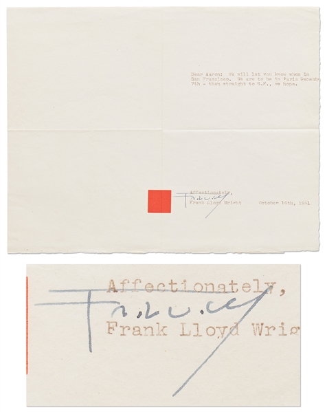 Frank Lloyd Wright Letter Signed -- ''...We are to be in Paris...then straight to S.F., we hope...''