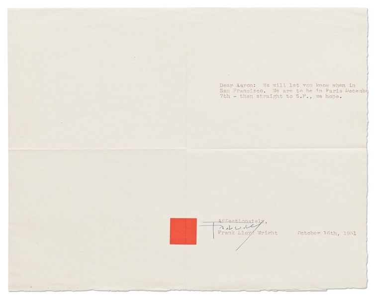 Frank Lloyd Wright Letter Signed -- ''...We are to be in Paris...then straight to S.F., we hope...''