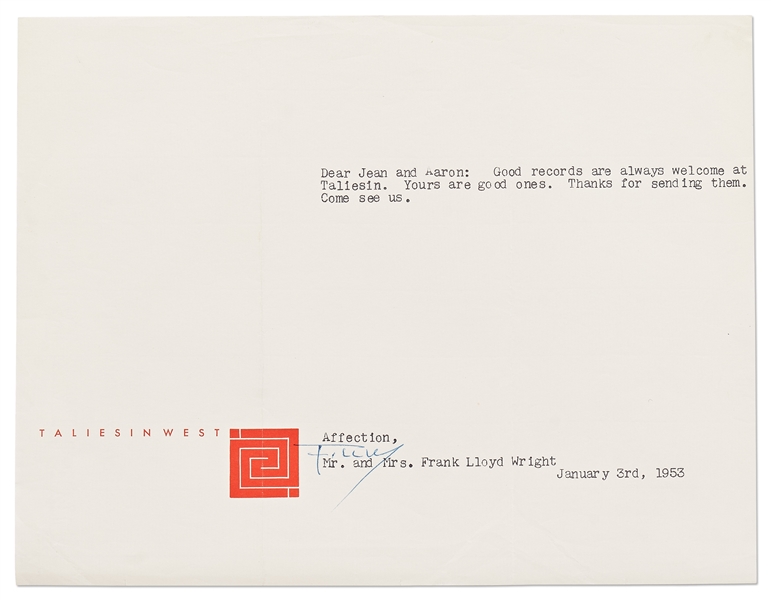 Frank Lloyd Wright Letter Signed on Taliesin West Stationery